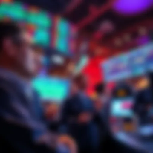 A group of investors observing stock market trends on screens and discussing their investment strategies.