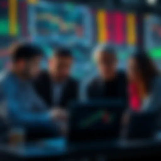 A group of concerned investors looking at stock market charts and graphs on a laptop, discussing their selling thresholds during market fluctuations.