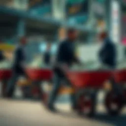 Group of investors discussing strategies while carrying wheelbarrows filled with cash, symbolizing wealth and market anticipation