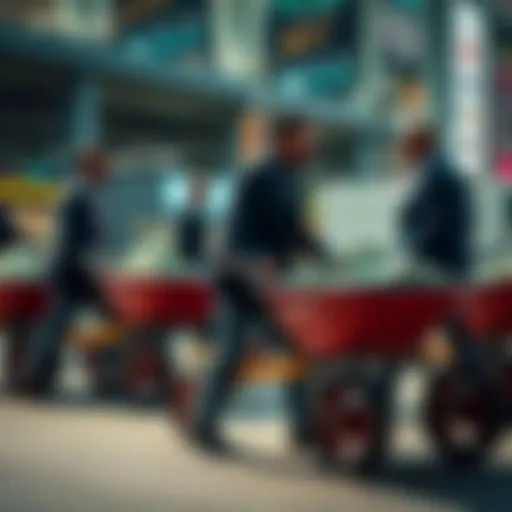 Group of investors discussing strategies while carrying wheelbarrows filled with cash, symbolizing wealth and market anticipation