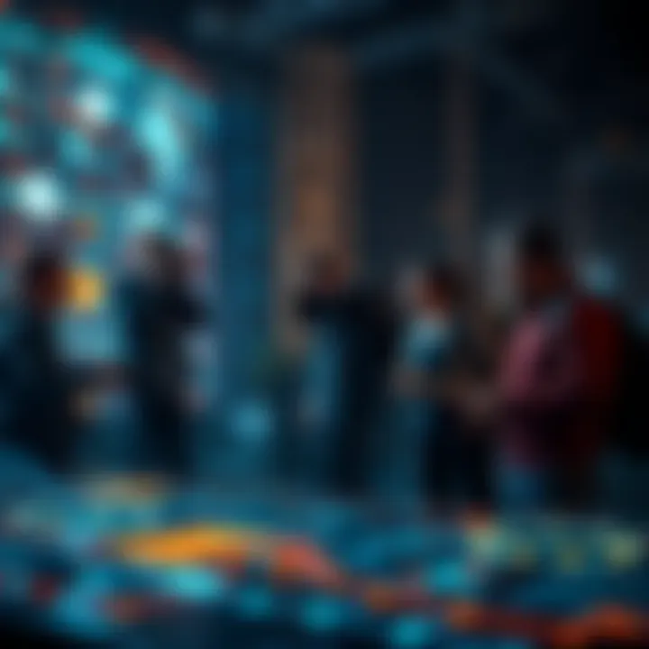 A group of filmmakers and tech experts collaborating on a video streaming platform using IPFS technology, with a backdrop of digital graphics representing blockchain and video data.