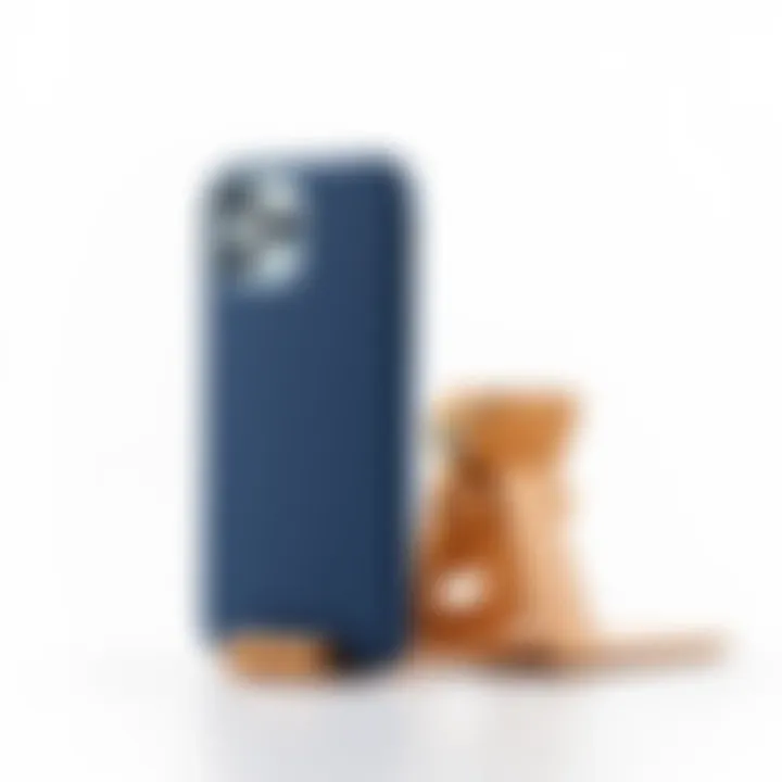 An iPhone Duo case and folio in Navy Blue and Sand with kickstand features displayed on a white background.