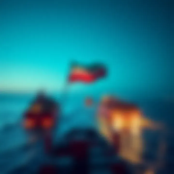 A view of ships navigating through the Strait of Hormuz with flags, symbolizing trade and commerce during a ceasefire.