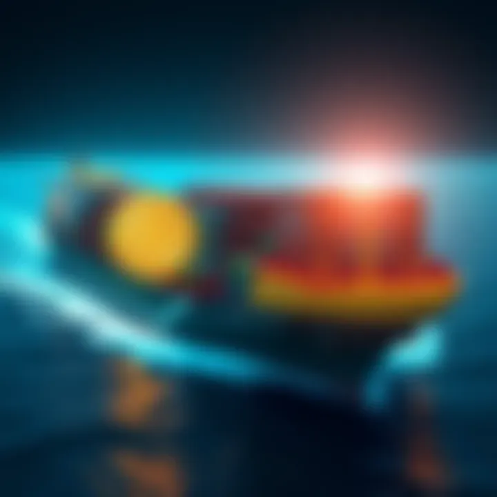 Cargo ships with Bitcoin symbol, representing Iran's new shipping system that avoids SWIFT