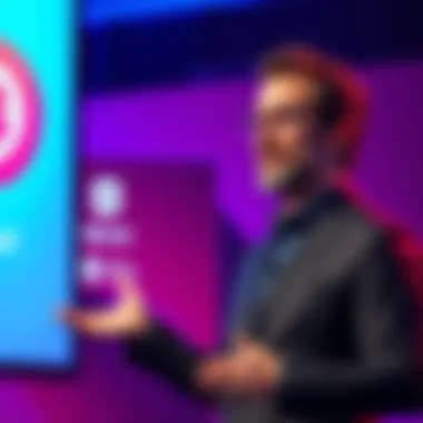 Jack Dorsey stands beside a screen displaying the Bitchat logo and features of the new messaging app