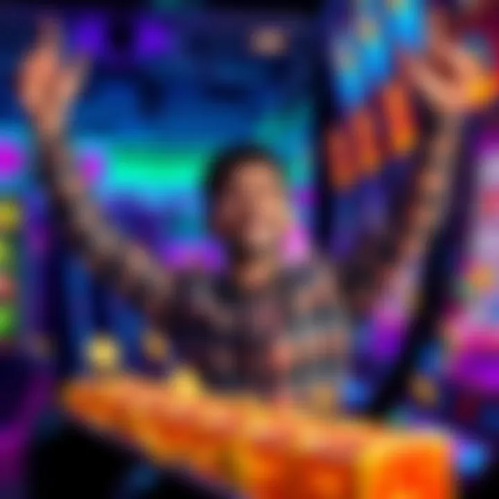 A smiling individual with arms raised in joy after hitting two jackpots at a slot machine, surrounded by colorful lights and coins.