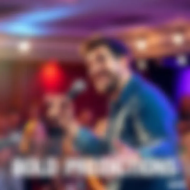 Comedian Jake Claver humorously sharing his predictions on stage with a microphone and a smiling audience.