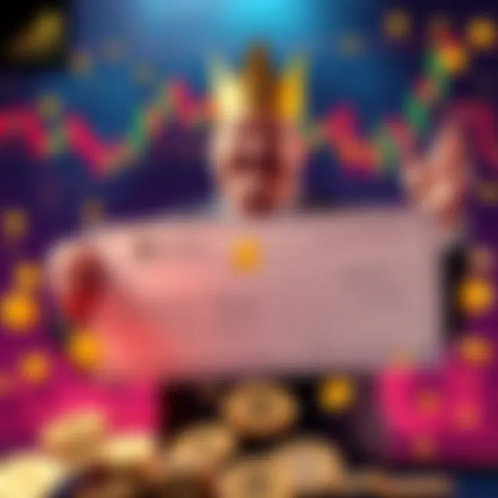 James Wynn holding a large check symbolizing his $25 million gain, surrounded by digital currency symbols, with a backdrop of a fluctuating cryptocurrency graph