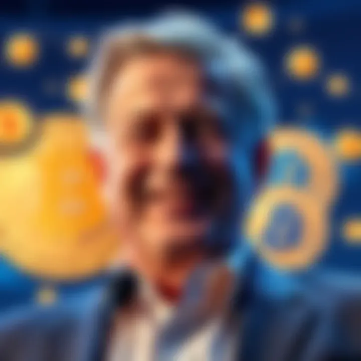 Jamie Dimon smiling with Bitcoin symbols in the background, showing support for cryptocurrency in mortgage applications