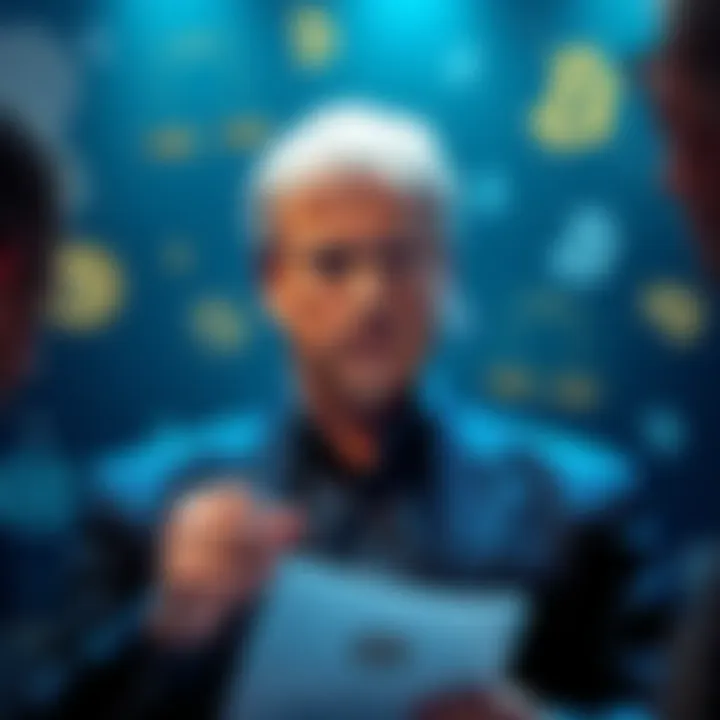 A news graphic showing Jamie Dimon with legal documents and crypto symbols in the background
