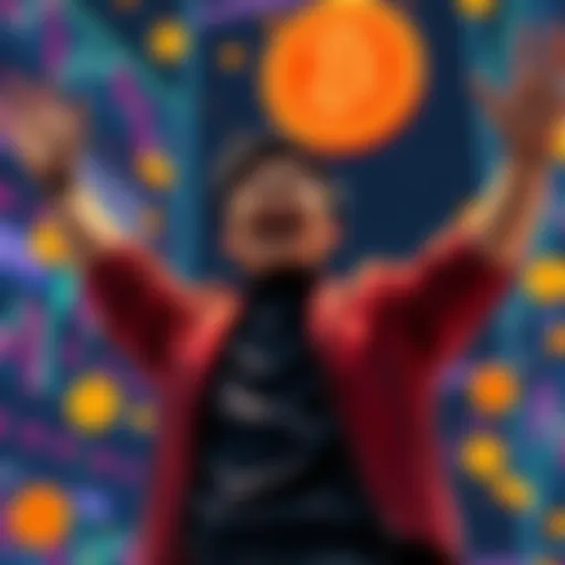 A young Japanese man joyfully celebrating his crypto trading success, surrounded by charts and Bitcoin symbols