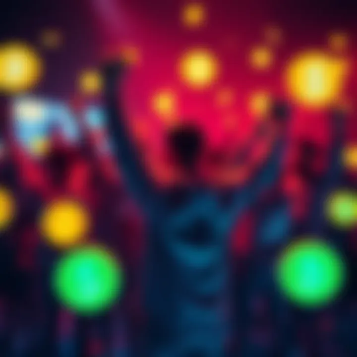 A group of Jasmy holders celebrating with digital currency symbols around them, showcasing excitement in the crypto market.