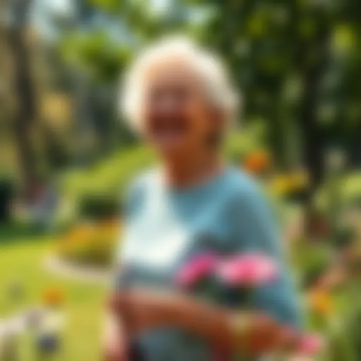 Jeanne Calment enjoying a sunny day in a park, surrounded by greenery and flowers, representing her joyful outlook on life.
