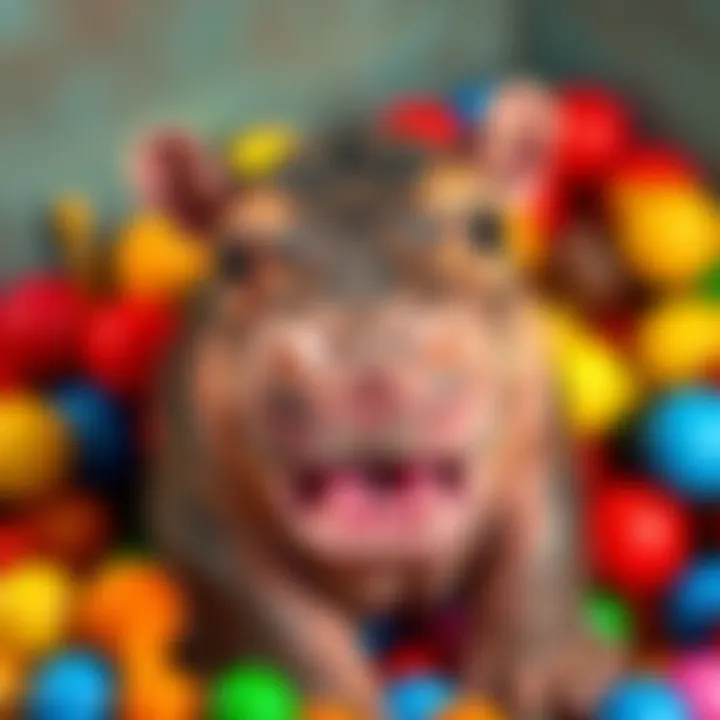 Jellybean, the adorable baby pygmy hippo, smiling and surrounded by playful colors