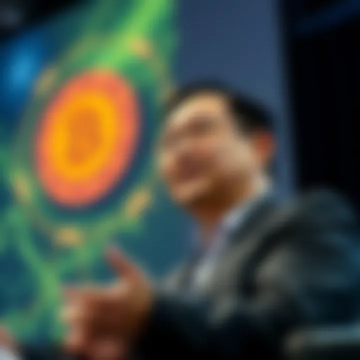 Jensen Huang speaking at a panel Nvidia CEO Jensen Huang discussing Bitcoin's energy impact at a conference panel