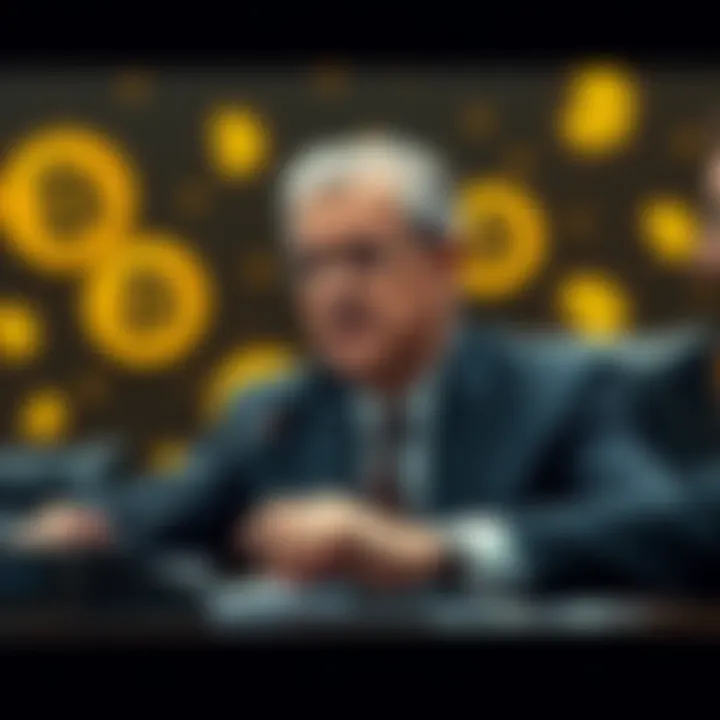 Jerome Powell leading his final meeting at the Federal Reserve, with Bitcoin symbols in the background representing uncertainty in the cryptocurrency market.