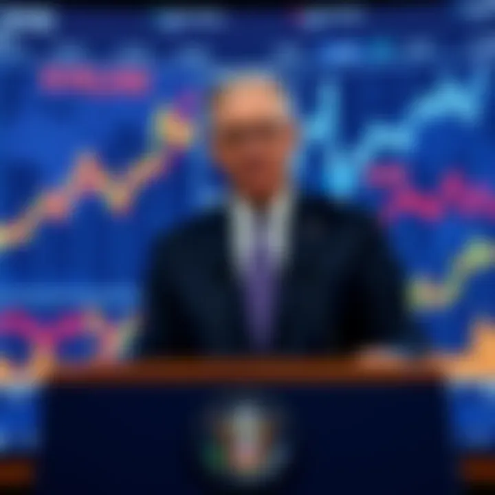 Jerome Powell speaking at a podium with financial charts in the background, symbolizing the potential changes in leadership at the Federal Reserve