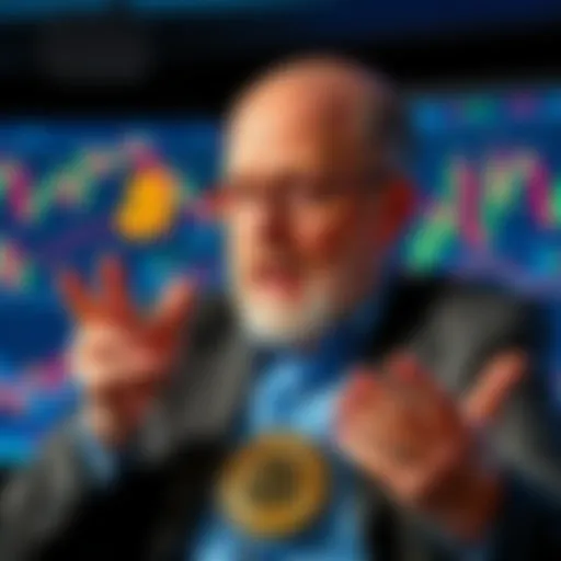 Jim Cramer speaking about Bitcoin with a backdrop of financial charts and graphs