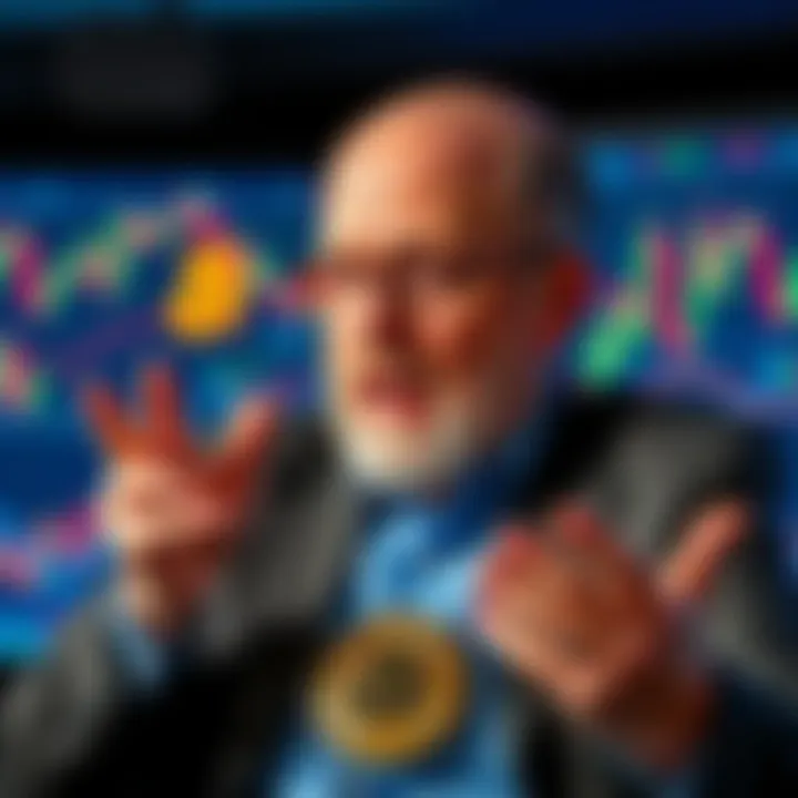 Jim Cramer speaking about Bitcoin with a backdrop of financial charts and graphs