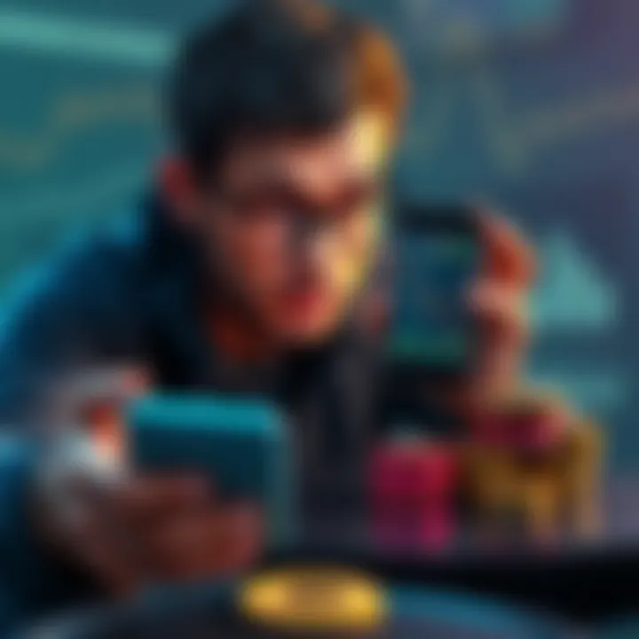 A digital marketer looks worried while holding a smartphone, showing a declining cryptocurrency chart, with a stack of coins nearby.