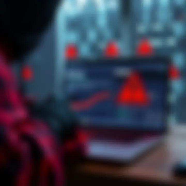 A hacker's hand manipulating a laptop displaying a GitHub page, with warning symbols around it