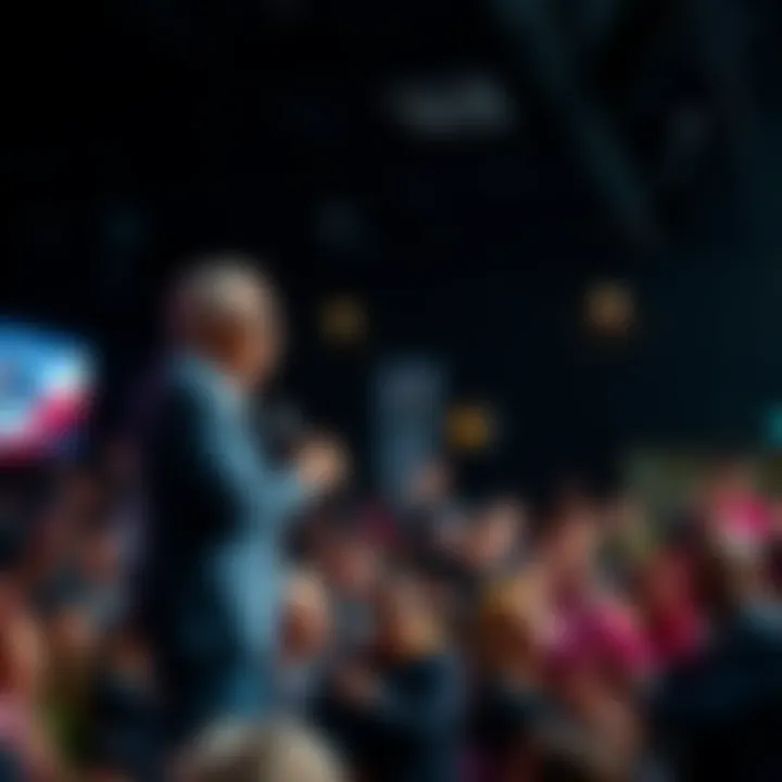 Joe Mama stands confidently on stage, addressing a diverse crowd with enthusiasm and determination, encouraging unity and resilience.