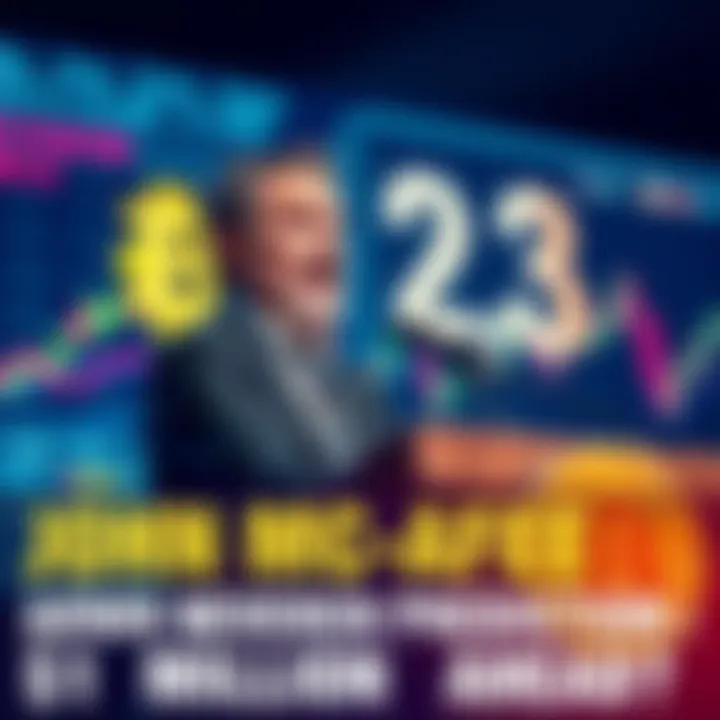 John McAfee speaking at a podium about Bitcoin predictions, with a graphic of Bitcoin prices in the background