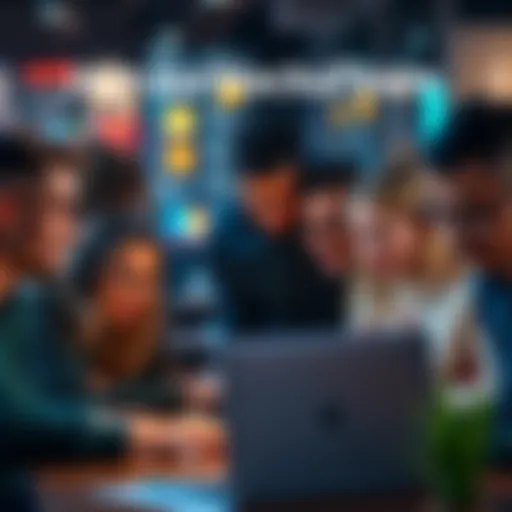 Join Our Hackathon Team A diverse group of people collaborating on a laptop during an online hackathon