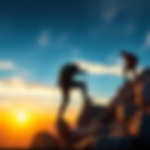 A person climbing a mountain with a sunset in the background, symbolizing resilience and hope in overcoming challenges.