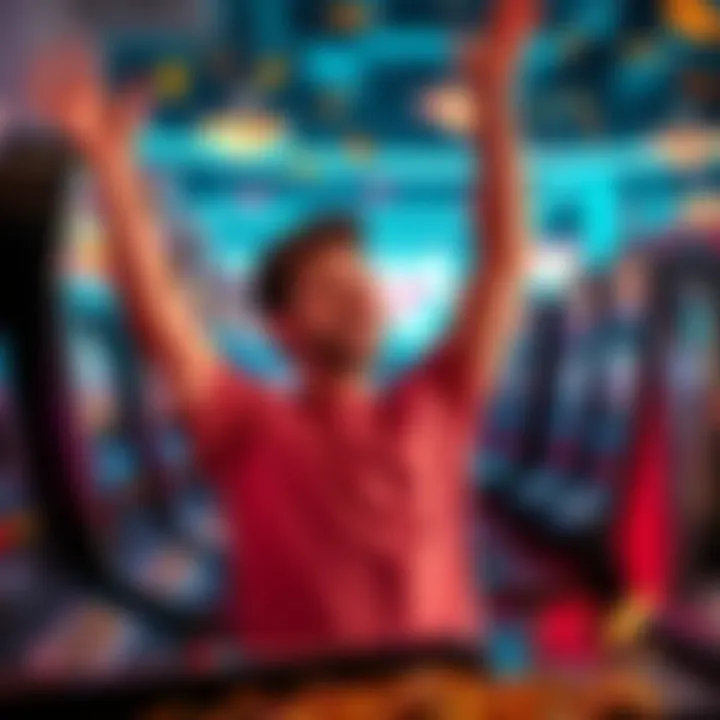 A happy person celebrating after winning the jackpot at a slot machine, with coins and lights in the background.