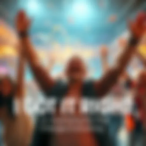 A person celebrating a win with a big smile and raised arms, surrounded by friends cheering.