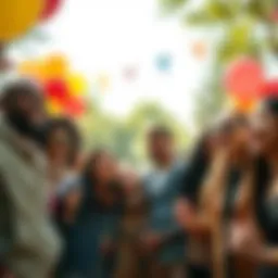 Joyful Gathering A diverse group of people celebrating together in a park, smiling and enjoying each other's company, surrounded by colorful balloons and decorations.