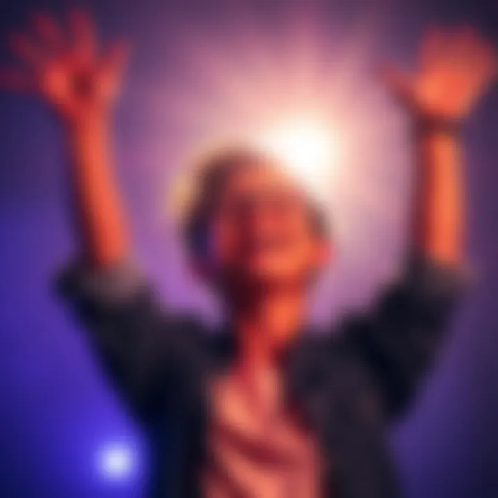Joyful Moments of Experience A person smiling with arms raised in excitement against a bright background, representing joyful experiences.