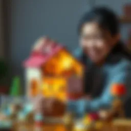 A person smiling while arranging miniature furniture in a colorful dollhouse, symbolizing happiness and creativity after a mental health diagnosis.