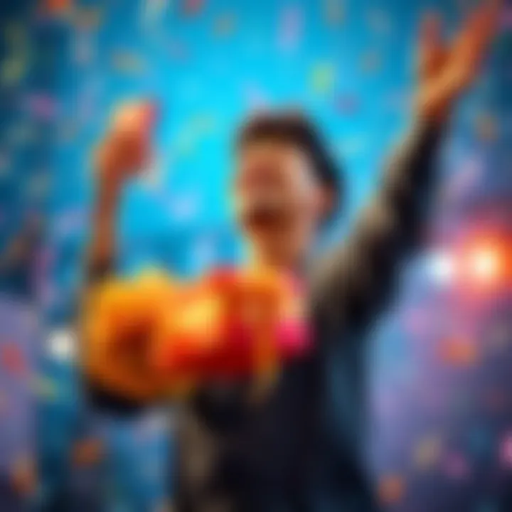 A happy person holding a prize with a big smile, surrounded by confetti and joy, representing success with Sweatcoin's Enter & Win offer.