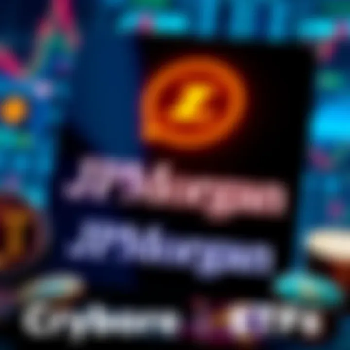 A visual representation of JPMorgan's logo with cryptocurrency symbols and ETF graphics, showcasing the acceptance of crypto ETFs as collateral for loans.