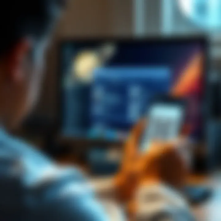A person using a PC and a mobile device showing Jupiter Exchange screen, highlighting syncing issues with QR code