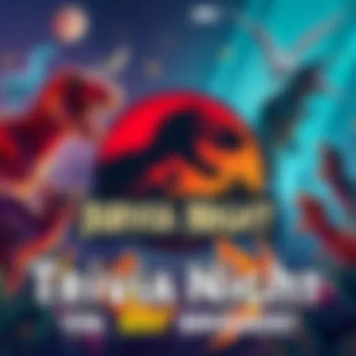A fun graphic featuring dinosaurs and trivia questions for a Jurassic Park-themed trivia night event on Discord.