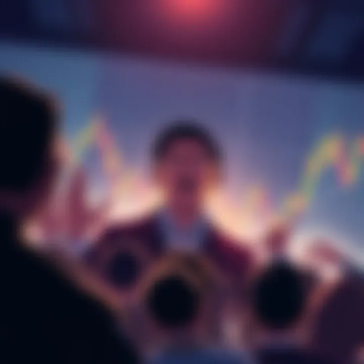Justin Sun Allegations Illustration of a shocked crowd with financial charts and a silhouette of Justin Sun in the background, representing allegations of insider trading and market manipulation in crypto.