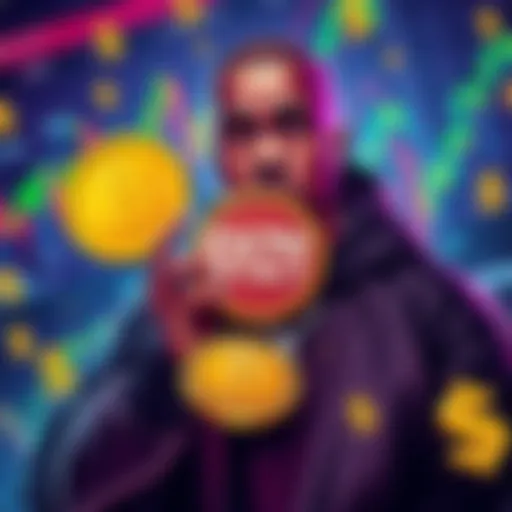 Kanye West holding a digital token labeled $YZY, surrounded by trading charts and dollar signs, symbolizing the crypto market.