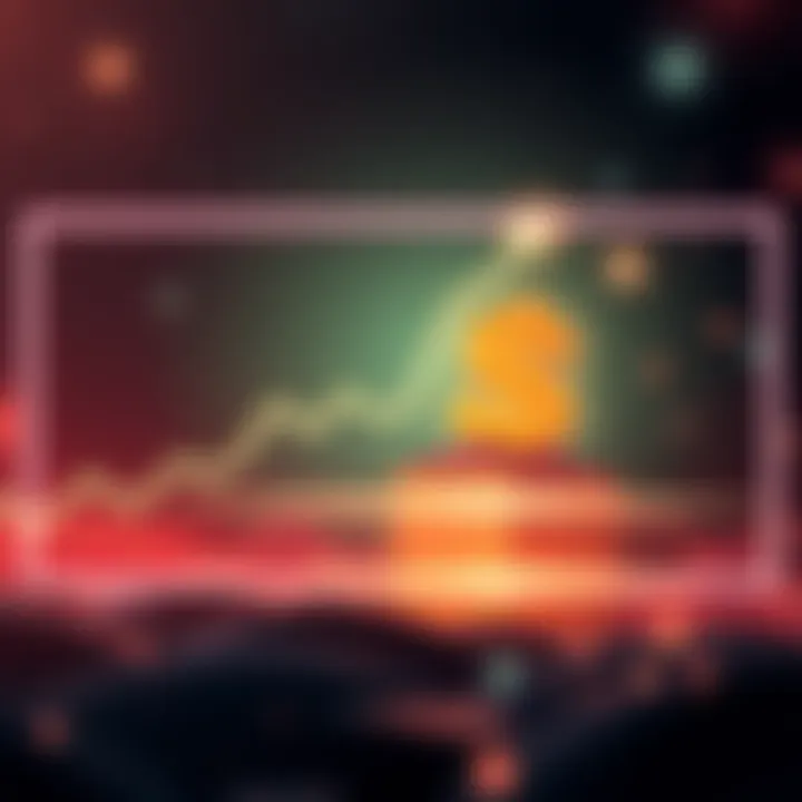 A digital representation showing a graph with rising trends and a dollar sign, symbolizing the potential price movement of KAS cryptocurrency amid discounts.