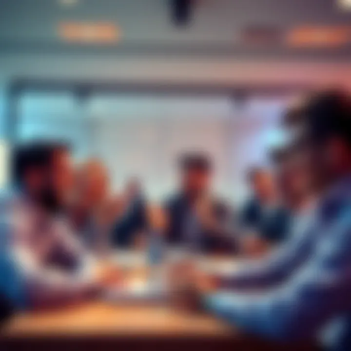 A group of investors joyfully discussing the potential price rise of Kaspa in a lively meeting.