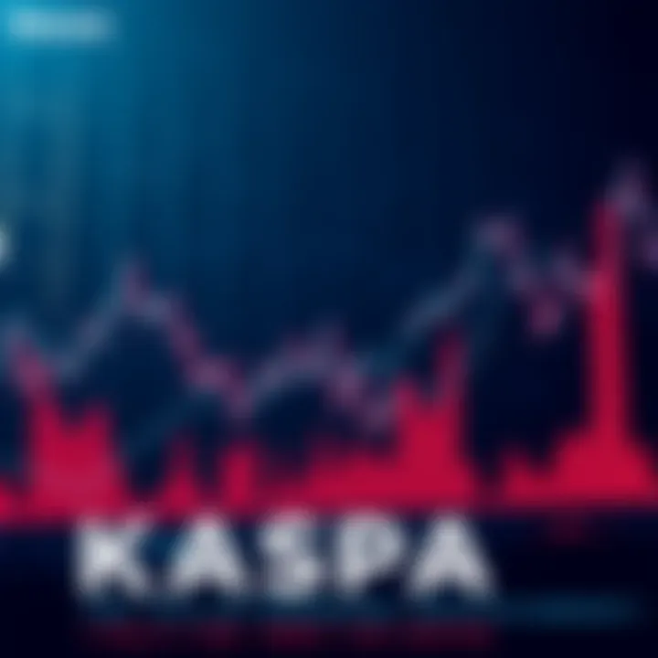 A graph showing a steep decline in cryptocurrency value symbolizing Kaspa's fall, with worried investors in the background.