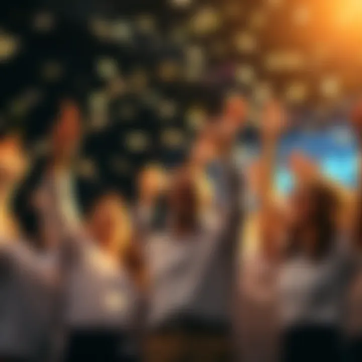 A group of happy investors celebrating their financial success with money and confetti in the air.