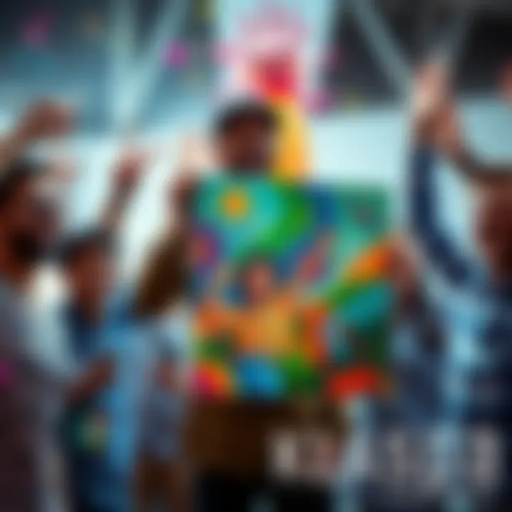 Celebration of Kaspa Success A person excitedly shows off a colorful painting by Jonathan Sampolinsky while surrounded by friends celebrating potential gains from Kaspa reaching new highs.