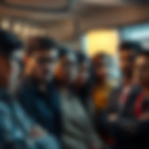 A diverse group of people engaged in a serious discussion about the suppression of Kaspa, looking concerned and focused