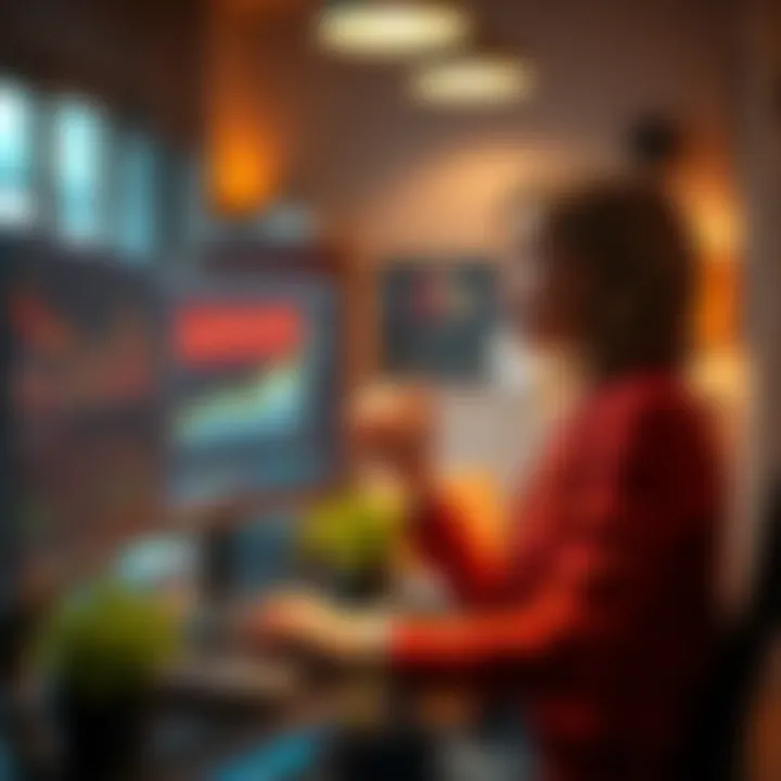 Kate analyzing market trends in a cozy office setting with charts on her computer screen