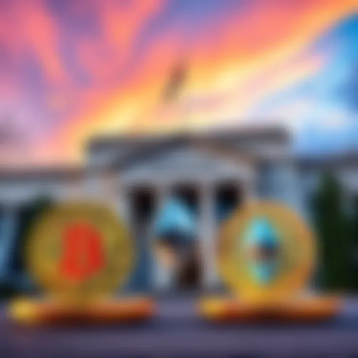 Kazakhstan Central Bank building with Bitcoin and Ethereum symbols in front, representing a $350 million investment in digital currencies.