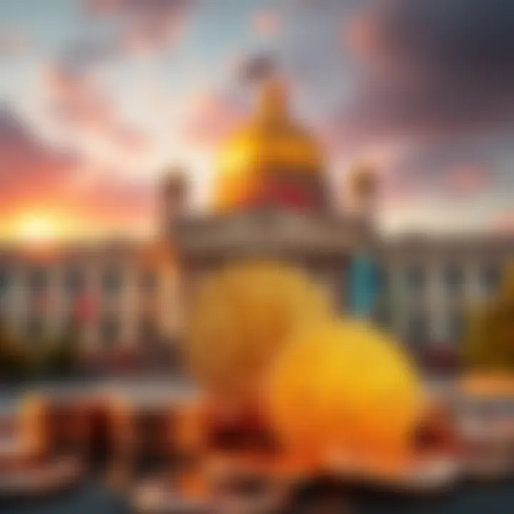 Kazakhstan government building with Bitcoin symbol and cryptocurrency coins in foreground