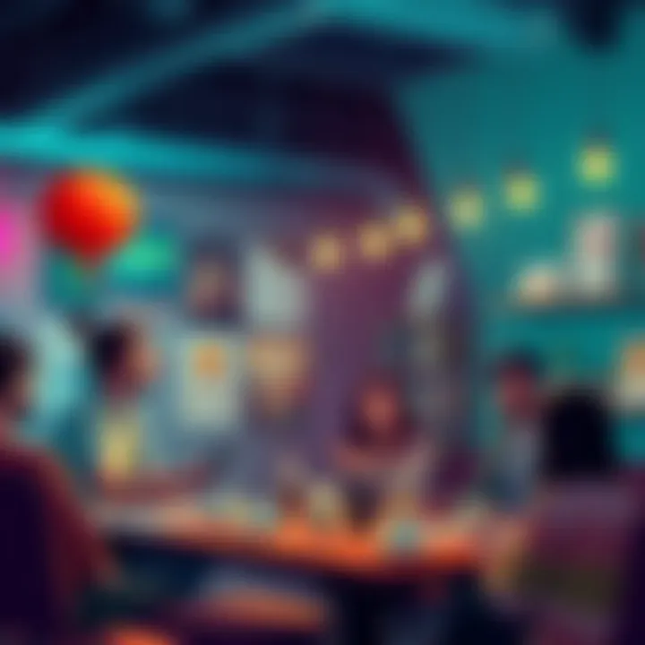 A vibrant gathering of creators sharing ideas over coffee and art, showcasing games and creativity in a lively atmosphere.